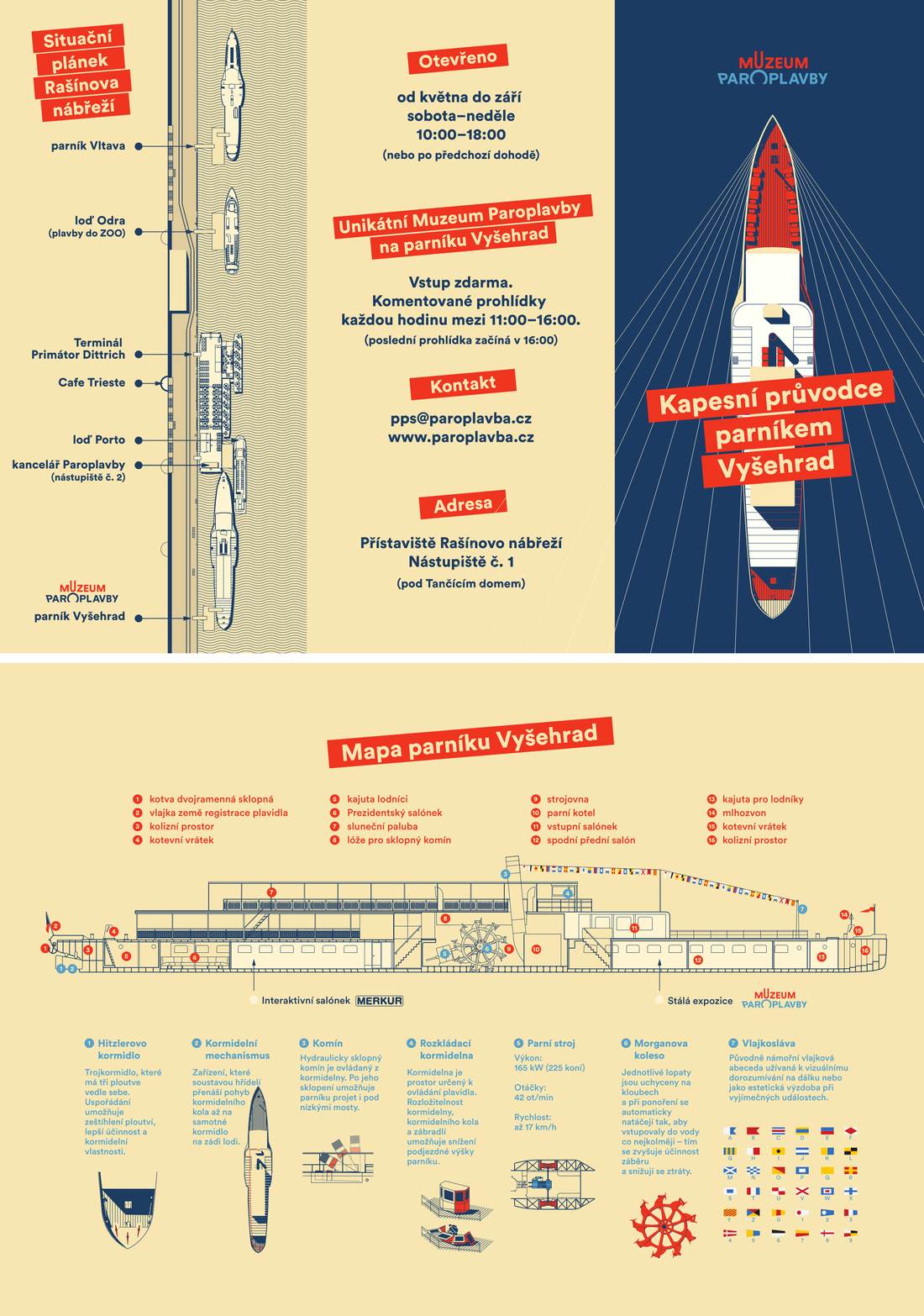 Leaflet for the Museum of Steamboats on the steamboat Vyšehrad — front and back side